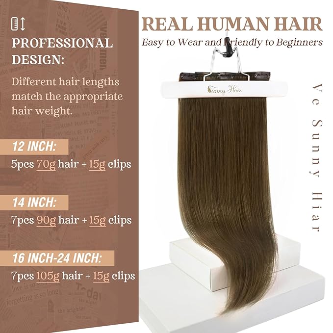 Ve Sunny Remy Hair Extensions Clip in Real Human Hair Cool Ash Brown Mix Clip in Hair Extensions Real Human Hair for Women 7pcs 105g 14 inch
