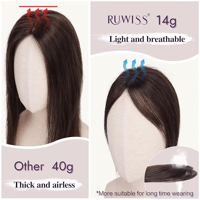 RUWISS Hair Toppers for Women Real Human Hair Lightweight Dark Brown Clip in Hair Piece for Thinning Hair Fluffy Straight Hair Topper without Bangs