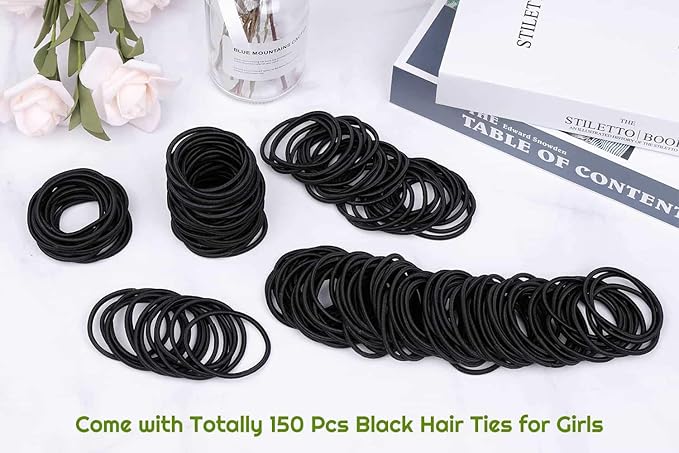 150 Pieces Black Hair Ties for Thick Curly Hair Bulk Hair Ties Ponytail Holders Hair Elastics Bands for Women or Men (4mm)