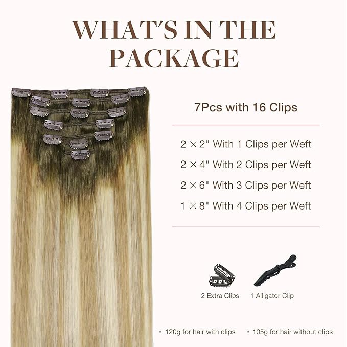 GOO GOO Clip in Hair Extensions Real Human Hair, Remy Human Hair Extensions Clip ins for Women, Natural Human Hair, 20inch 120g 7Pcs, 5A/90/16F Bahamian Balayage