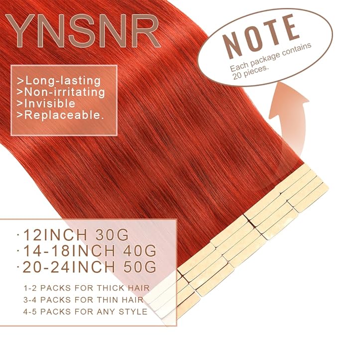 Tape in Hair Extensions Human Hair 16 Inch 20pcs Invisible Tape ins Hair Extensions Real Human Hair Copper Red Remy Seamless Injected Tape Extensions