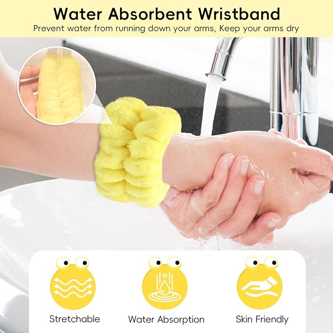 Face Wash Headband, Skincare Wrist Bands For Washing Face Set Spa Hair Bands come with a Hair Scrunchie, Cute Yellow snail tentacle Elastic Headband, For Face Washing Makeup Skincare (Yellow)