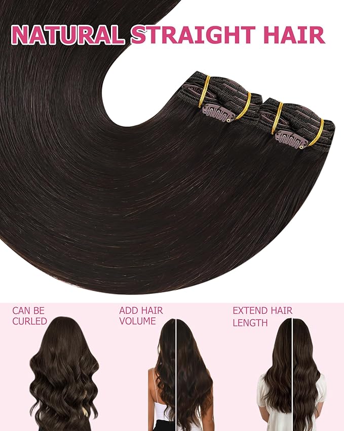 YoungSee Brown Clip in Hair Extensions Dark Brown Human Hair Extensions Clip ins Invisible Clip in Extensions Real Human Hair Easy to Install 7Pcs 14In 120G