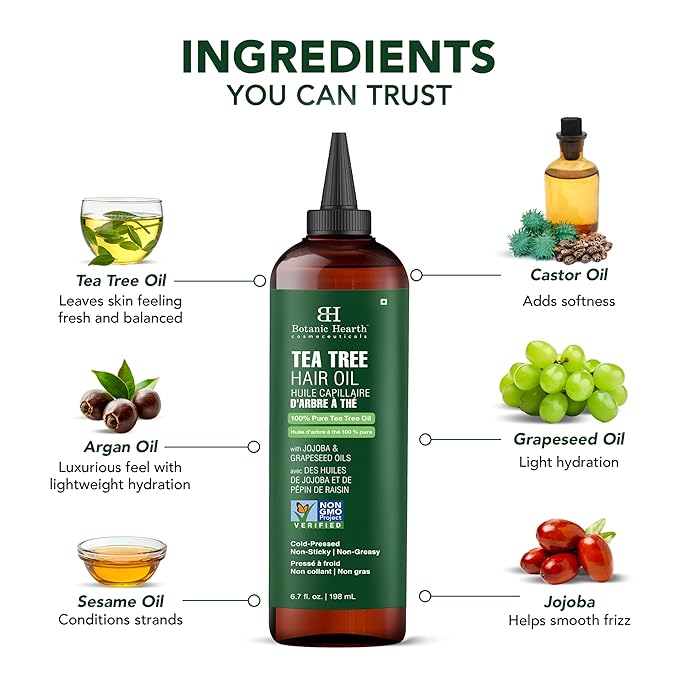 Botanic Hearth 100% Pure Tea Tree Oil For Hair Growth | Infused with Jojoba & Grapeseed Oils | Hair Oil Repairs Dry Damaged Hair, Strengthening, Healthier - Hair Tonic, 6.7 fl oz