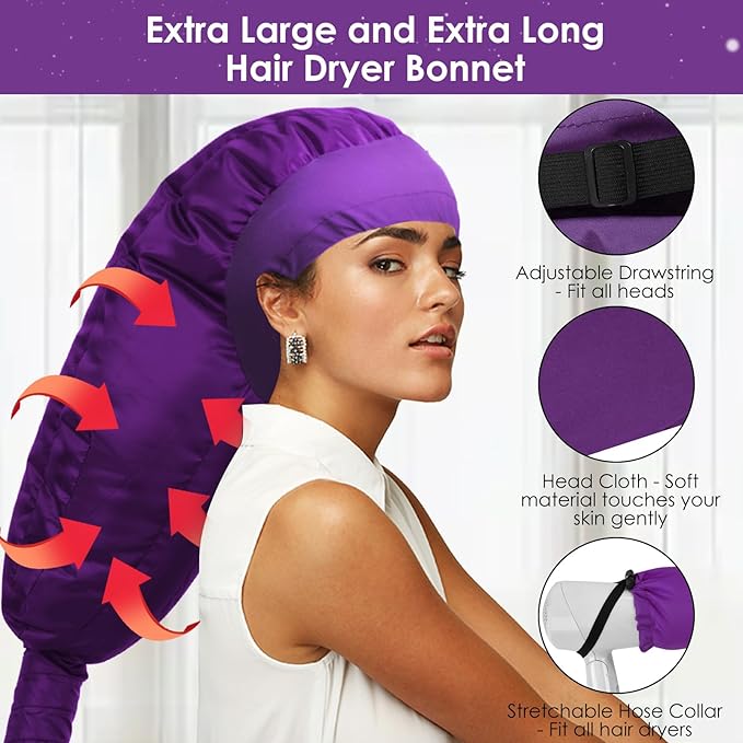 Hair Dryer Bonnet Attachment: Upgraded Extra Large Hooded Dryer Adjustable Hair Dryer Caps - Easy to Use for Natural Curly Textured Hair Care Styling Fast Drying - Purple