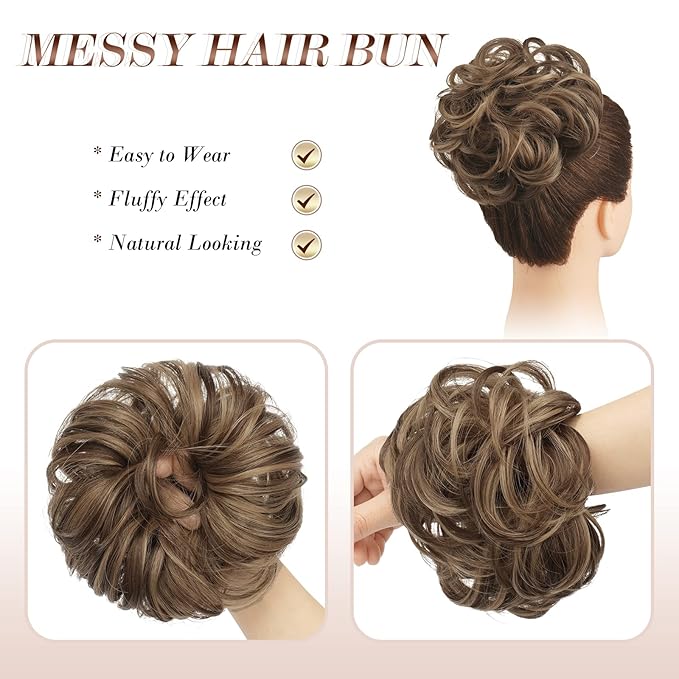 FESHFEN Messy Bun Hair Piece - Elastic Wavy Curly Hair Bun Scrunchies Extensions Synthetic Chignon Hairpieces for Women Girls, Brown Mixed Honey Blonde 1.5 oz