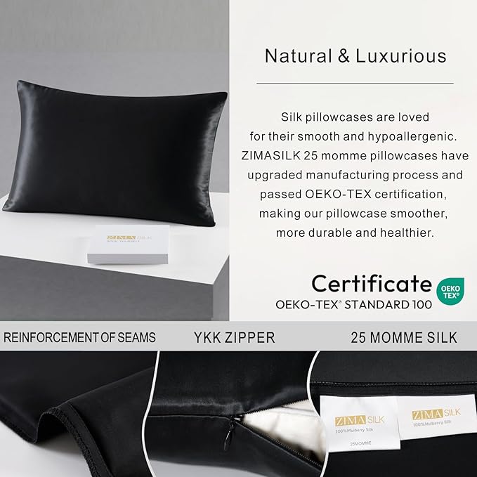 ZIMASILK 25 Momme 100% Pure Mulberry Silk Pillowcase for Hair and Skin Care, Highest Grade 6A Pillow Cases for Women, Long-Lasting Durablity, Gift for Women Men, 1Pc (King 20"x36", Black)