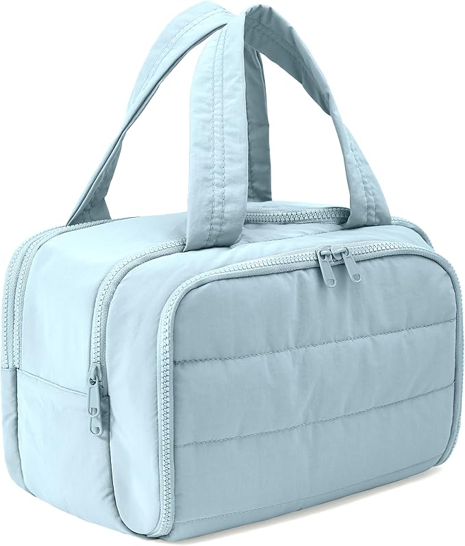 Travel Toiletry Bag for Women, Large Wide-open Puffy Cosmetic Makeup Bag with Wet-Dry Separation, Multi-Pocket Organizer with Carry Handle for Toiletries, Cosmetics, Essentials, Light Blue