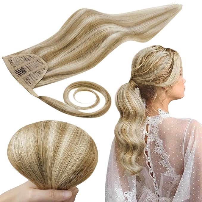 RUNATURE Ponytail Extension Human Hair, Real Hair Ponytail Extensions for Women, Natural Human Hair Ponytail with Magic Paste, 16 Inch 80g #16P22 Beige Blonde Highlights