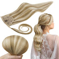 RUNATURE Human Hair Ponytail Extension Blonde, Straight Ponytail Extension Real Human Hair, Ponytail Hair Extensions Short, Remy Natural Hair 12 Inch 70g #16P22 Dark Ash Blonde Highlight Light Blonde