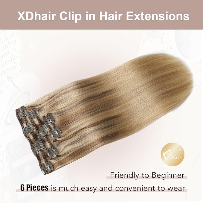 XDhair Human Hair Clip in Extensions 120g Balayage Color 10 Golden Brown to Light Blonde Highlight 27 Blonde Double Weft Clip in Human Hair Extensions #10/27/27 18 Inch