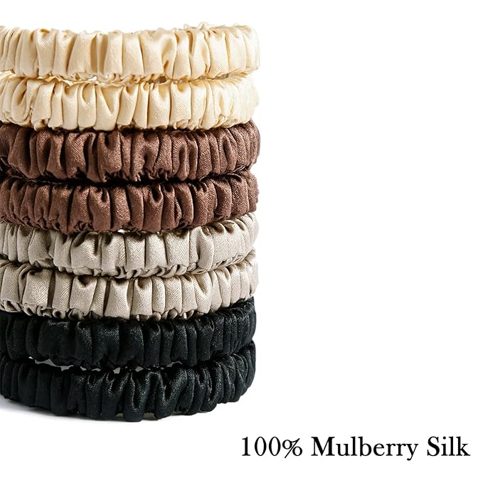 8 Set 100% Pure Mulberry Silk Hair-Friendly + Luxurious Elastic Skinny Scrunchies Travel Pouch Everyday Hair Ties Elastics Hair Care Ponytail Holder No Damage