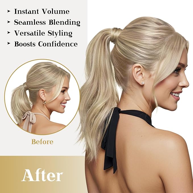Ve Sunny Hair Extensions Ponytail Real Human Hair Wrap Around Clip in Ponytail Hair Extensions Straight Extensions Human Hair for Women Blonde Highlights for Women Warm Color 18inch 80G