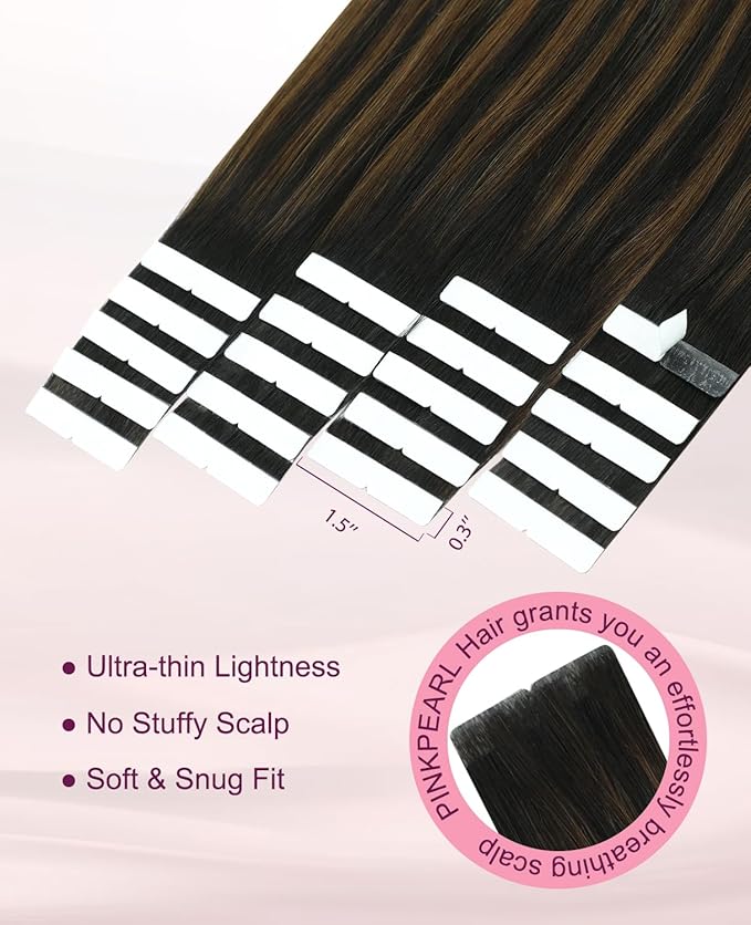 Pinkpearl Invisible Tape in Hair Extensions Human Hair, 20pcs 18inch 50g #1B/4/27 Balayage Natural Black to Chocolate Brown and Caramel Blonde Injection Tape in Extensions Remy Human Hair Injected