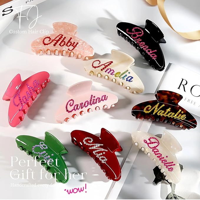 Personalized Colorful Name Hair Claw Clips for Women,Custom Hair Clips with Diamond,Cute Hair Accessories 4",Handmade Rhinestones Hair Clamp Gifts for Mom,Bride,Wife,Bridesmaid,Couples(Tortoise)