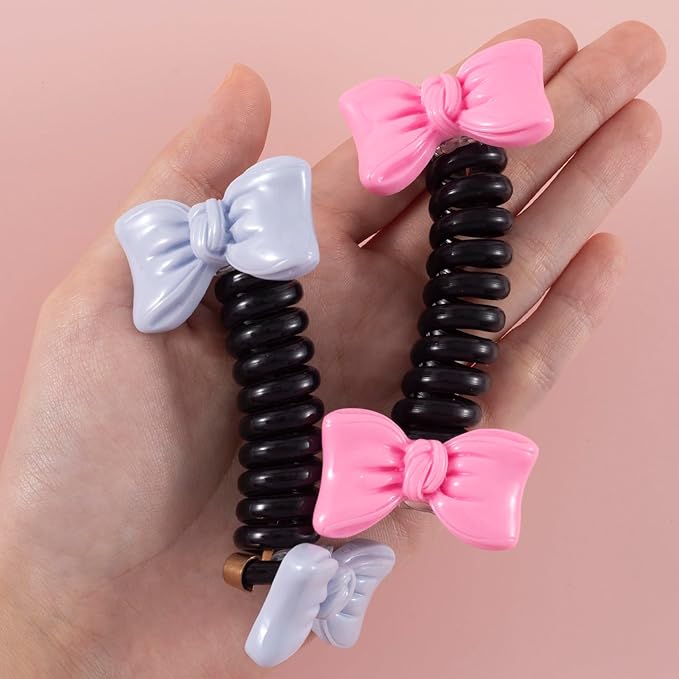 4PCS Bow Spiral Hair Ties, 4 Colors Bowknot Phone Cord Ponytail Holders for Women, Elegant Rubber Hair Coils, Stylish Hair Accessories for Party, Daily Use