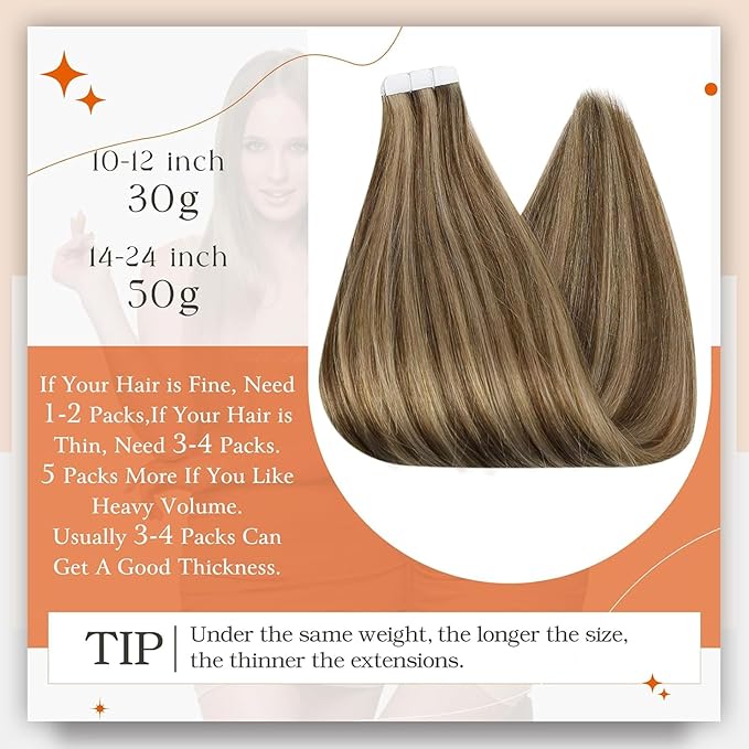 Full Shine Tape in Human Hair Extensions 12 Inch PU Tape Hair Double Sided Tape in Extension 4 Medium Brown Highlight 27 Honey Blonde Remy Skin Weft Tape ins Human Hair 30g Invisible Hair Extensions
