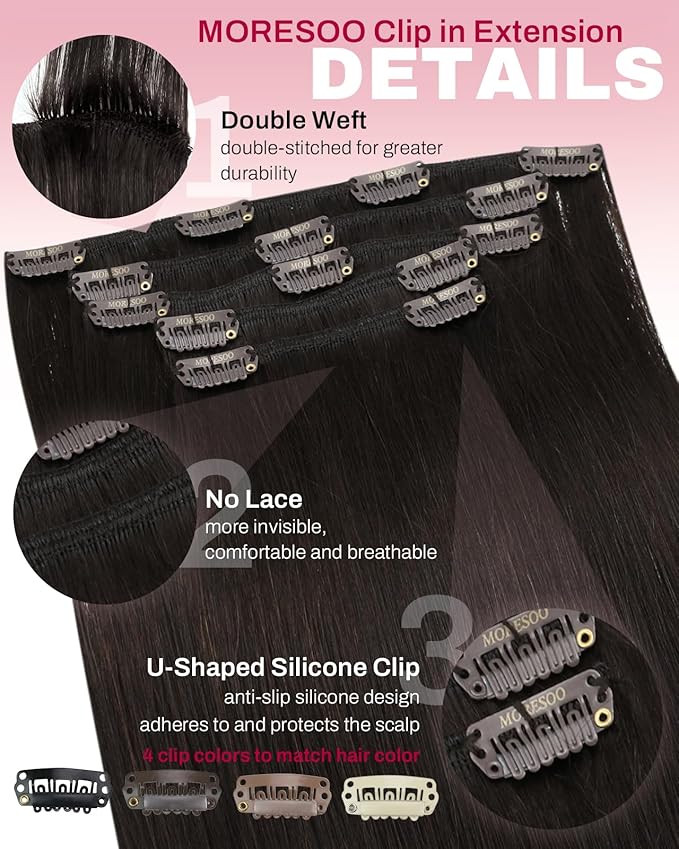 Moresoo Remy Human Hair Extensions Clip ins Brown Double Weft Clip in Extensions Real Human Hair Invisible Dark Brown 5Pcs 80G 20inch