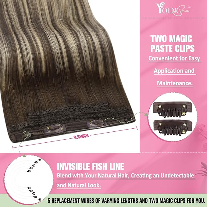 YoungSee 130G Wire Hair Extensions Human Hair Brown Balayage Wire Hair Extensions Real Human Hair Ombre Dark Brown with Ash Blonde Fish Line Extensions for Long Hair 22Inch