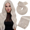 Moresoo Seamless Blonde Clip in Hair Extensions Human Hair White Platinum Blonde Human Hair Clip in Extensions for Long 22 Inch Pure Weft 120g/7pcs
