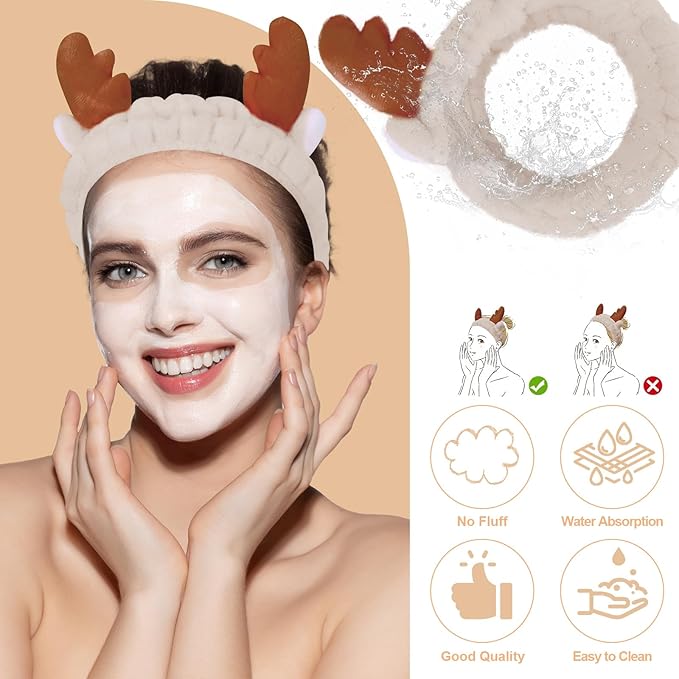 Jowmoy Headband, Face Wash Headband, Cute Antlers Design, Made of Elastic Microfiber, for Women Makeup Shower Spa, 1 Count
