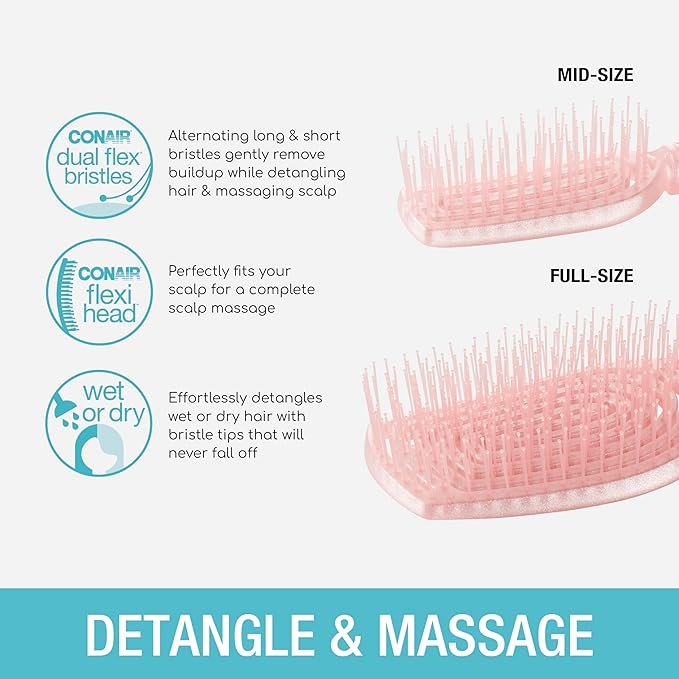 Conair Scalp Care Detangling hairbrush 2pk - Fullsize +Travel Hair Brush - Scalp Massager - hairbrushes for women & men - stocking stuffer - detangler for all lengths and types - Blush Pink