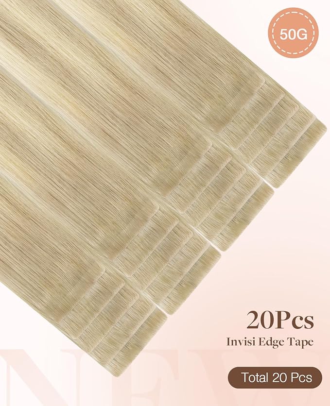 GOO GOO Invisi Edge Tape in Hair Extensions Human Hair, 18ET90A Natural Blonde Balayage 20pcs 24inch 50g, Virgin Remy Hair, Seamless Injected Tape, Natural Look