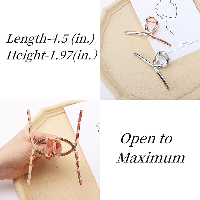 Metal Shark Big Hair Clamps - Large Barrette Hair Accessories with Strong Hold for Women and Girls, 2 Pcs (Rose Gold, Glossy Silver)