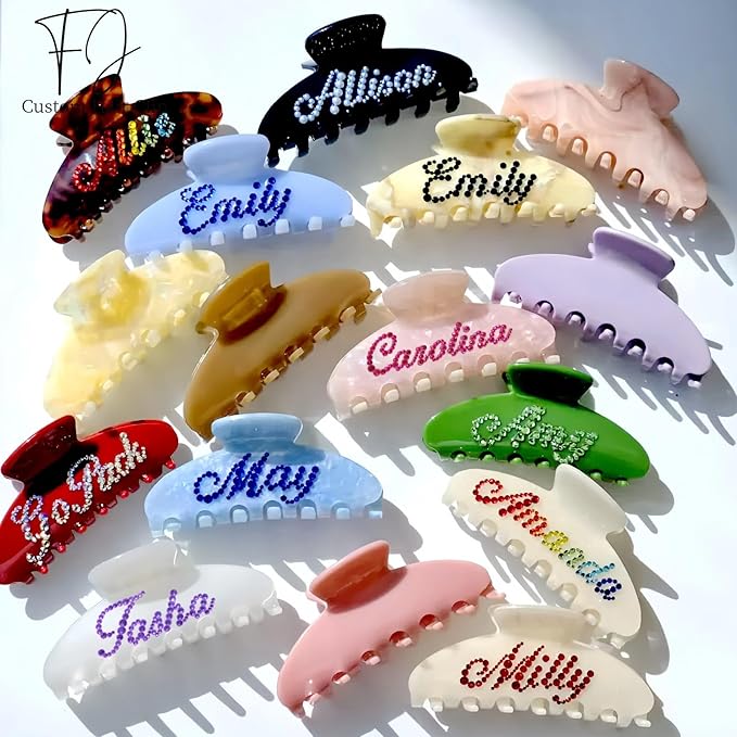 Personalized Colorful Name Hair Claw Clips for Women,Custom Hair Clips with Diamond,Cute Hair Accessories 4",Handmade Rhinestones Hair Clamp Gifts for Mom,Bride,Wife,Bridesmaid（Neon Pink）