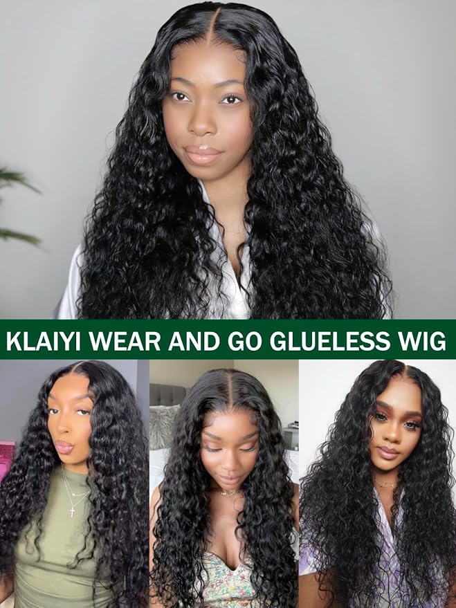 KLAIYI Water Wave Bye Bye Knots Glueless Wig Human Hair 7x5Precut Lace Front Pre Plucked Bleached Wear and Go Wig with Curly Baby Hair Drawstring 3S Ready to Go Pre Everything Beginner Friendly 14Inch