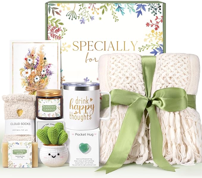 Get Well Soon Care Package for Women, Unique Birthday Gifts for Women, Thank You, Get Well, Sympathy Gift Baskets Spa Gifts Inspirational Friendship After Surgery Gift Blanket, Box for Her Grandma