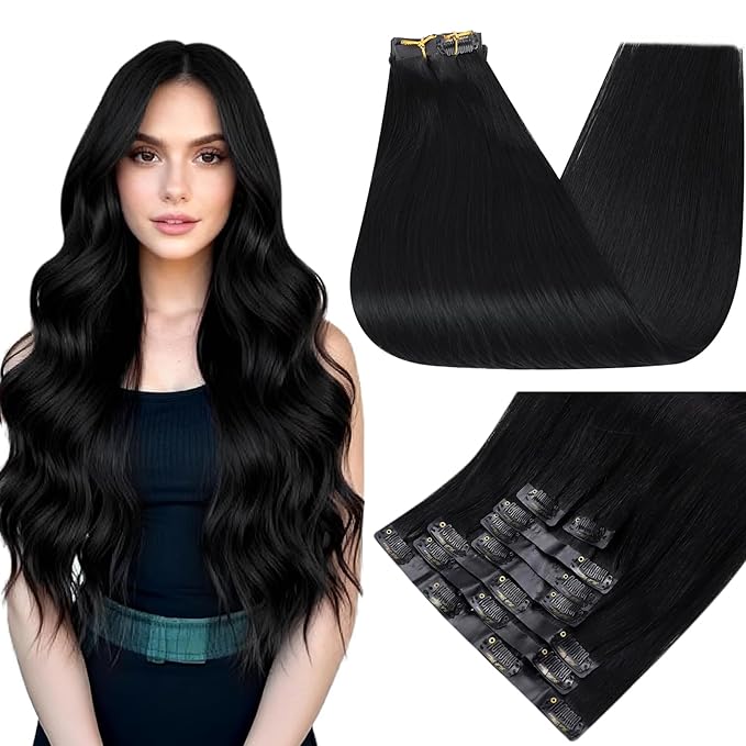 Full Shine Seamless Clip in Hair Extension Black Human Hair Clip in Extensions Jet Black PU Weft Clip in Human Hair Extensions Add Volume Natural Ends For Long Hair 20 Inch 8 PCS 120 G