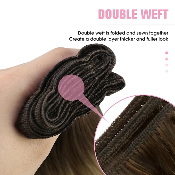 YoungSee Sew in Hair Extensions Real Human Hair Ombre Hair Extensions Weft Dark Brown Roots to Medium Brown with Blonde Balayage Soft Hair Extension Sew in for Full Head 100G 18Inch