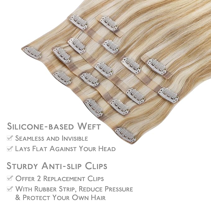 WENNALIFE Seamless Clip In Hair Extensions Human Hair, 12 Inch 80g 7pcs Dirty Blonde Highlighted Bleach Blonde Real Hair Extensions Invisible PU Skin Weft Natural Remy Human Hair