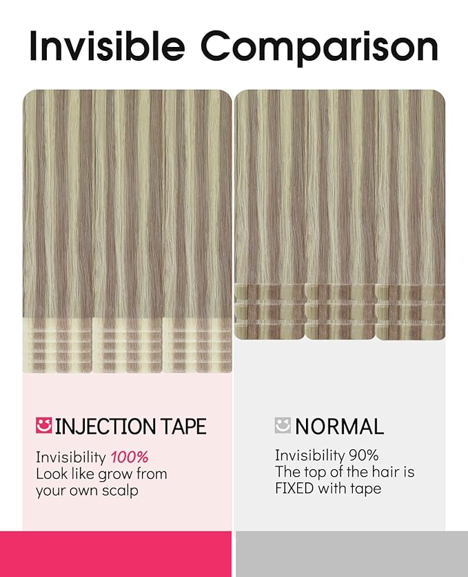 Youngsmile Injection Tape in Hair Extensions Human Hair #18P613 Ash Blonde with Bleach Blonde Real Human Hair 20pcs 50g 22 Inch Injected Tape in Hair Extensions Seamless Tape ins (#18P613,22'')