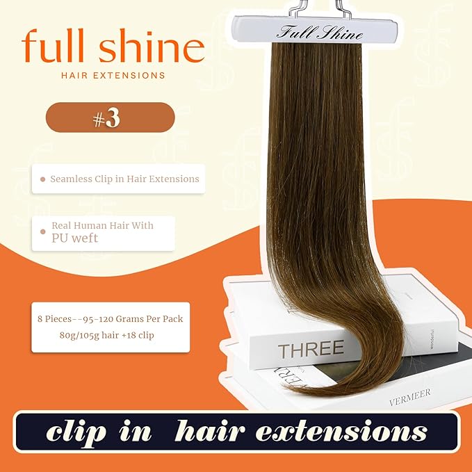 Full Shine Seamless Clip in Hair Extensions Human Hair Mocha Brown Human Hair Extension Clip ins Brown Straight Soft Hair for Women 18 Inch 8 PCS 120 G