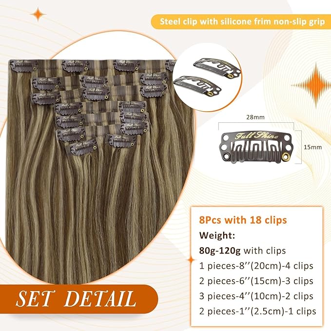 Full Shine Clip in Human Hair Extensions 18 Inch Dark Brown with Caramel Blonde Highlights Seamless Clip ins for Women Remy Natural Hair Thick Ends 8 PCS 120G