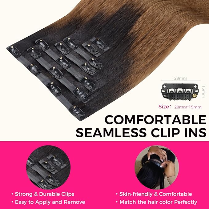 Lashey Light Yaki Straight Seamless Clip in Hair Extensions Human Hair 110g 7pcs Ombre Natural Black to Medium Auburn Hair Extensions Real Human Hair 24 Inch Long Human Hair Extensions for Women