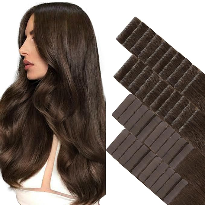 GOO GOO Invisi Edge Tape in Hair Extensions Human Hair, 4A Chocolate Brown 20pcs injected with 20pcs classical tape ins, 24inch 100g, Virgin Remy Hair, Natural Look