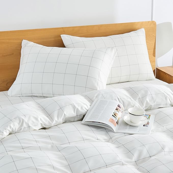 JELLYMONI 100% Natural Cotton Plaid King Pillowcases Set, 2 Pack White with Black Grid Geometric Pattern Printed Pillow Covers with Envelope Closure(Pillows are not Included)