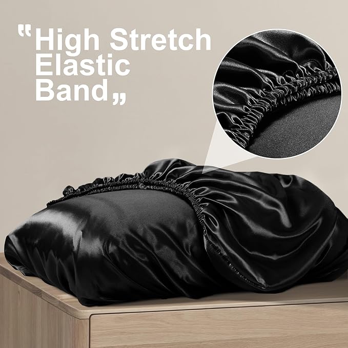 SiinvdaBZX Black Satin Pillowcase Standard/Queen Size Set of 2, Silky Travel Elastic Band Satin Pillow Case for Hair and Skin, Soft Portable & Fit for Various Pillow