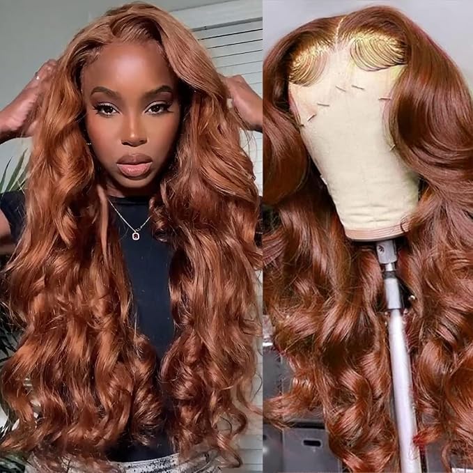 AMIRTY 250 density 34 Inch Dark Ginger Wig Human Hair Pre Plucked 13x4 Auburn Colored Lace Front Wigs Body Wave Glueless Wigs Human Hair HD Lace Frontal Reddish Brown Human Hair Wig