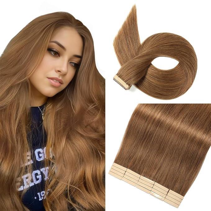 Tape in Hair Extensions Human Hair Tawny Brown Hair Extensions 18 Inch 20pcs Remy Straight Human Hair Tape in Extensions Skin Weft Tape Extensions Human Hair