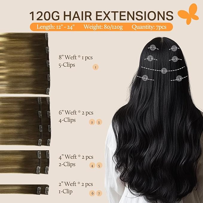 DOORES Clip in Hair Extensions Real Human Hair Balayage Dark Brown Fading to Chestnut Brown and Dirty Blonde 20 Inch 7pcs 120g Real Hair Extensions Straight Extensions Human Hair Natural