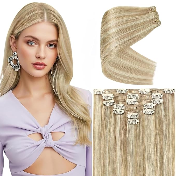 Ve Sunny Human Hair Clip in Hair Extensions Highlights Hair Extensions Real Human Hair Clip ins Caramel Blonde with Platinum Blonde Clip in Hair Extensions Human Hair 14 Inch 7pcs 100g