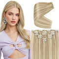 Ve Sunny Clip in Human Hair Extensions Blonde Highlighted Clip in Hair Extensions Real Human Hair Highlight Blonde Clip on Hair Extensions for Women Easy Apply 7pcs 120g 22 inch