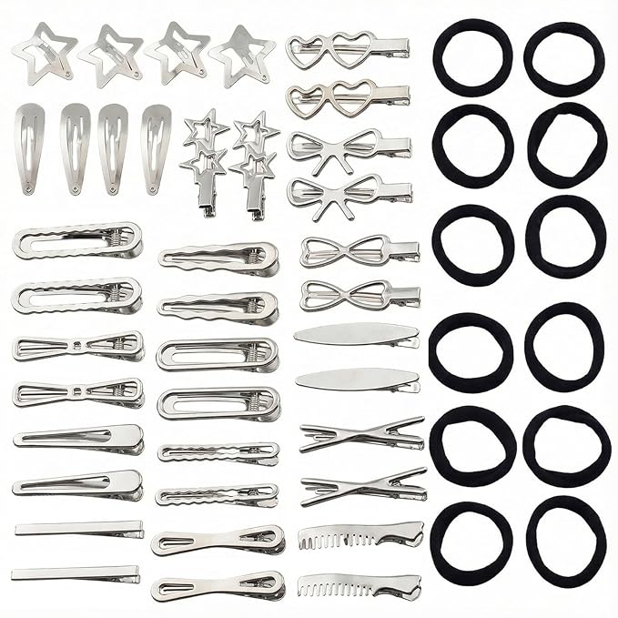Silver Hair Clips Set for Women Styling 50pcs Bulk Barrettes Snap Hair Clips Ties Duck Bill Clip Metal Alligator No Crease Clip Bows Y2K Cute Bangs Hairclips Accessories (Silver)