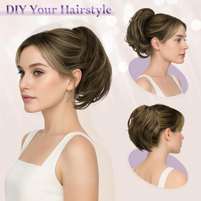 RUWISS Claw Clip Short Human Hair Ponytail Extension with Bendable Metals for DIY Styles Straight Messy Bun Hair Piece for Women Hairpieces for Daily Wear, 9 Inch Golden Blonde Mixed Bleach Blond