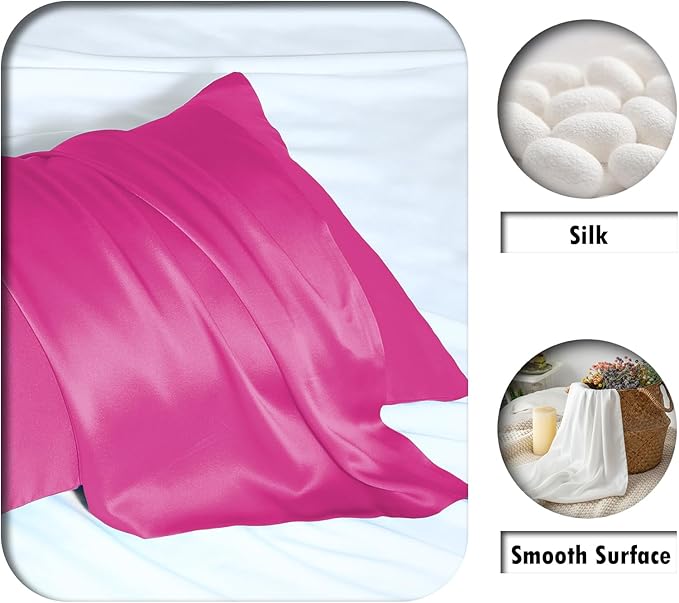 Silk Pillow Cases 2 Pack Soft Breathable and Sliky Standard Size Pillow Cases Set of 2,Natural Mulberry Satin Silk Pillowcase with Hidden Zipper for Hair and Skin (Hot Pink,20"X 26",2pcs)