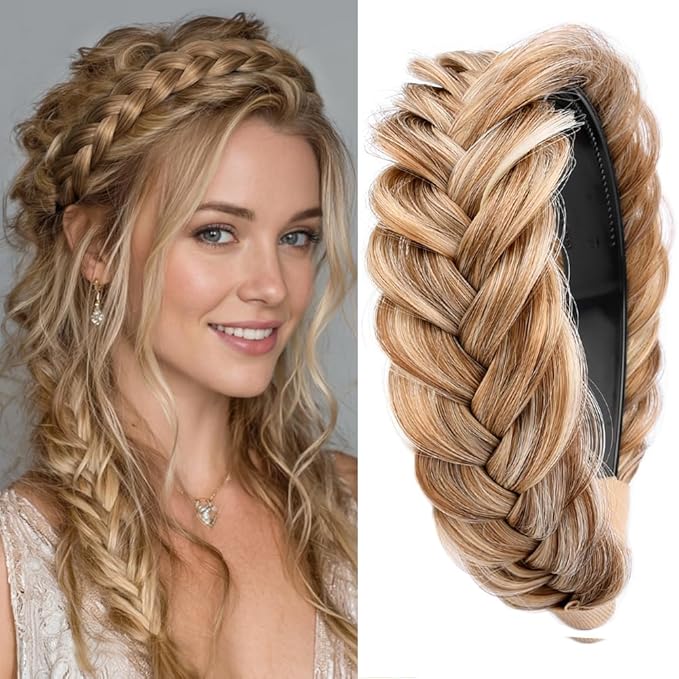DIGUAN Wide Messy Braided Headband With Teeth Synthetic Hair Plaited Headband High Elasticity Braids Chunky Fishtail Braided Hair Band Hairpiece for Girls Women Beauty Accessory (Caramel Blonde)